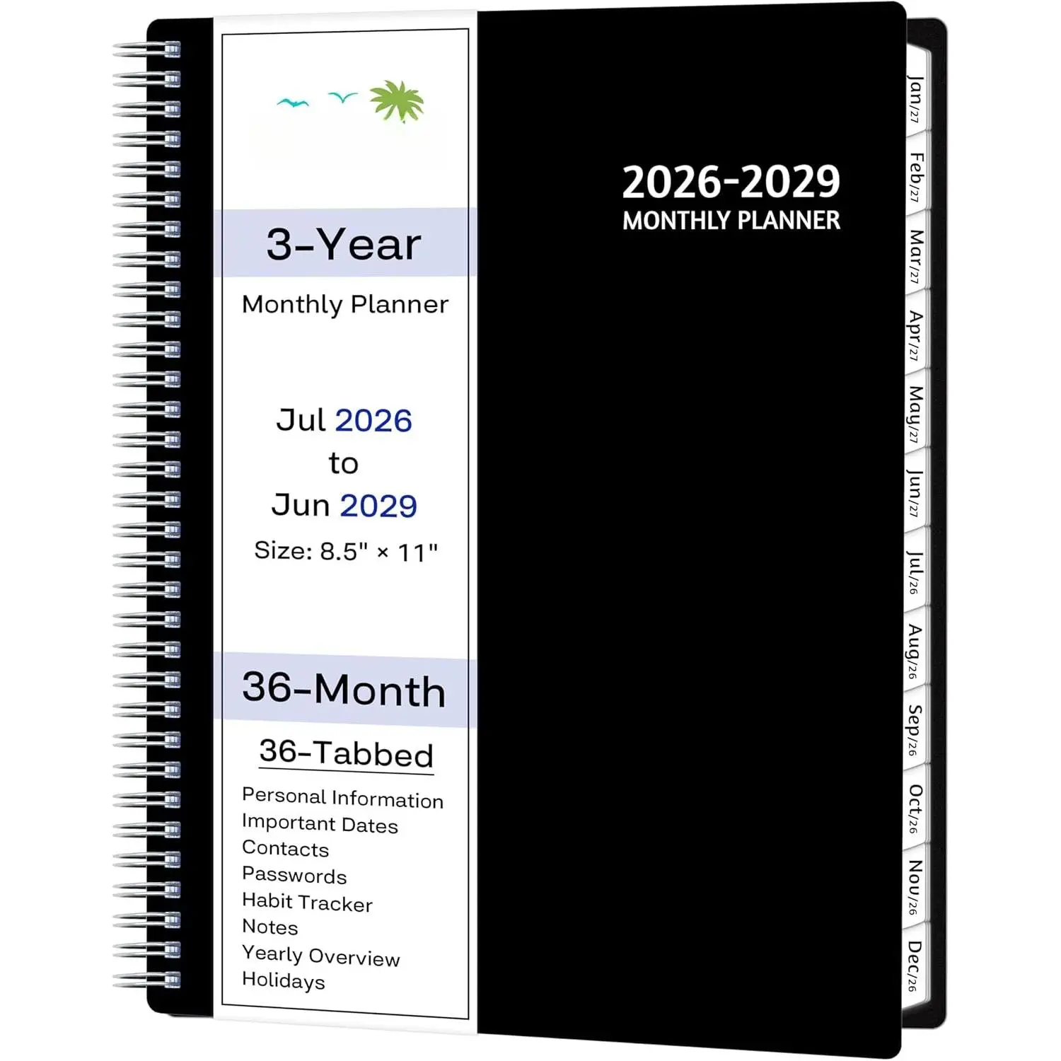 Monthly Planner 2026-2029, 36 Months Calendar Planner 2026-2029 from Jul 2026  Jun 2029, 8.5'' x 11'' with Ruled Spread, Flexible Cover, Spiral Wirebound, Pocket, Coated Tabs, Notes  Habit