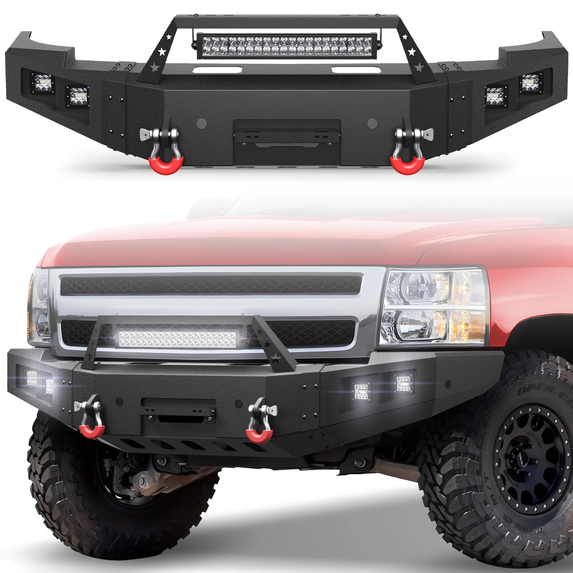 Longsun Custom Fit Front Bumper for 2007-2013 Chevy Silverado 1500 Pickup - Black Auto Replacement Body Accessory with Winch Plate, D-Rings, Rigid Industries Compatibility, Lights, Enhanced Functionality & Aesthetic, Improved Visibility, Secured Gear