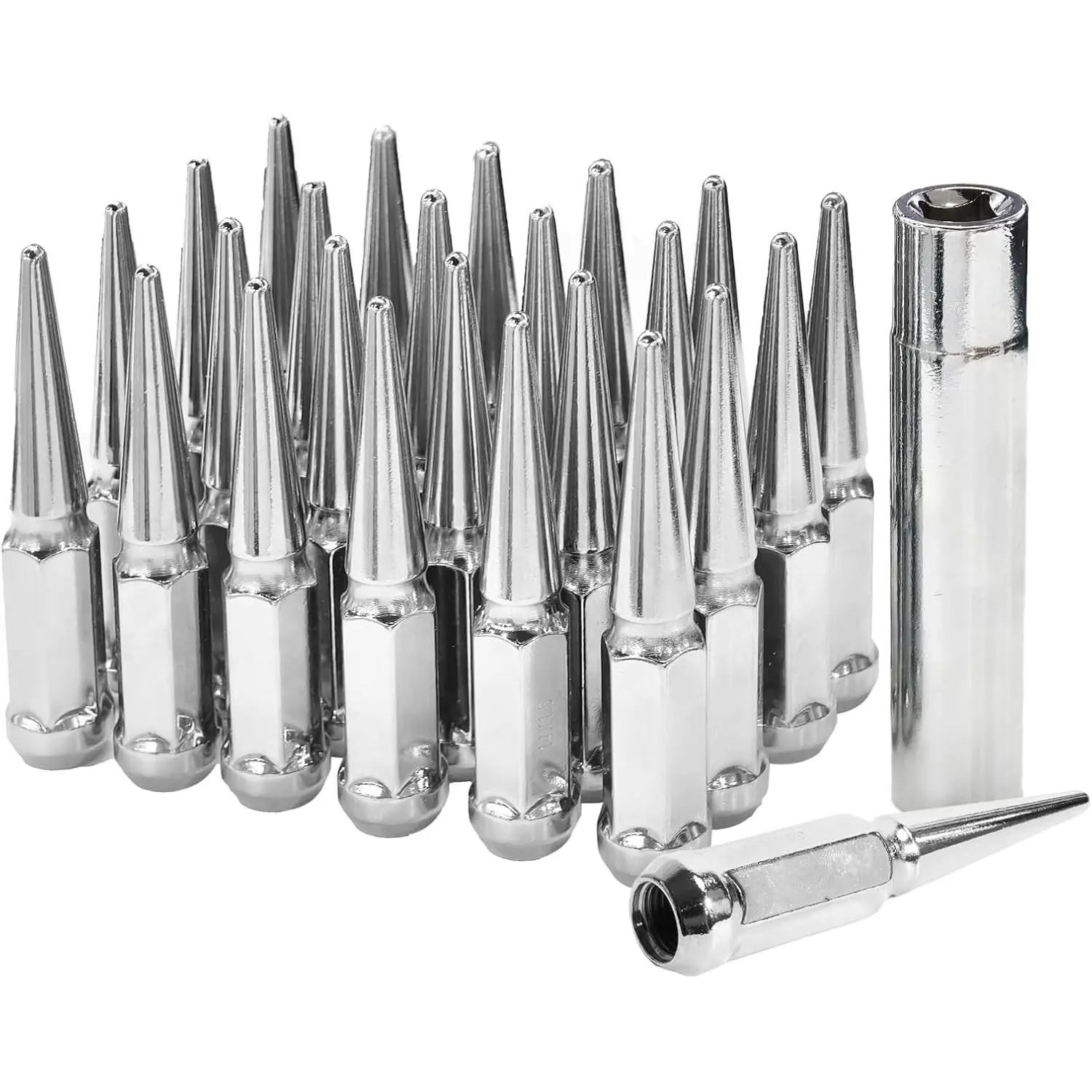 Spike Lug Nuts - 24pcs M14X1.5 Triple Chrome Acorn Hex Body Alloy Steel Anti-Rust OEM Car Wheel Accessories with Socket Key, Compatible with Grand Cherokee, Ram 1500