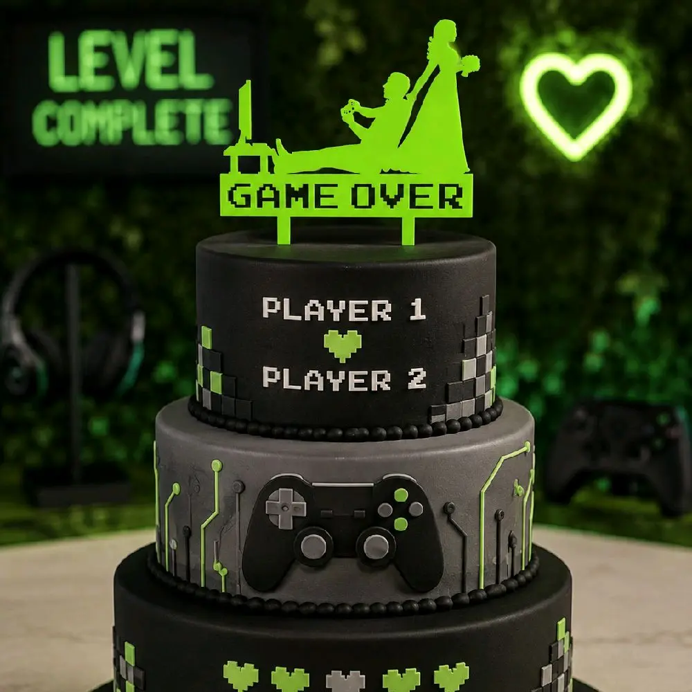 Funny Gamer Wedding Cake Topper, Game Over Bride and Groom Cake Topper, Gaming Wedding Decor, Bachelor Party Cake Topper, Custom Wedding Topper