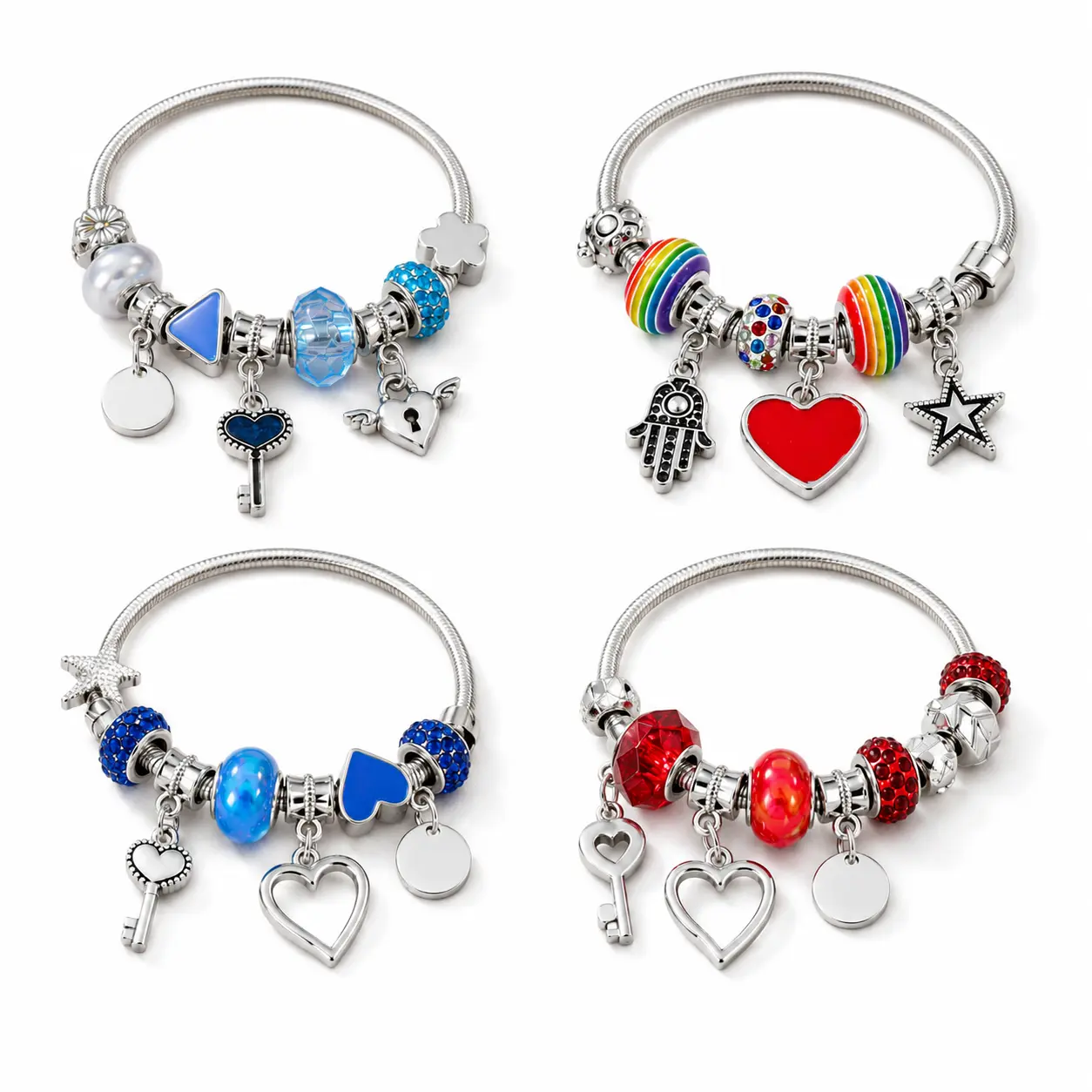 Women's Colorful Charmed Bracelet - Silver-Tone Flexible Link Snake Chain with Heart, Key, Star, Hamsa Hand, "I Love You" Motifs & Glass Beads (Blue, Red, Rainbow, Light Blue) - Birthday Gift Ideas, Girlfriend Birthday Gift for Females Daily Wear, Charmed
