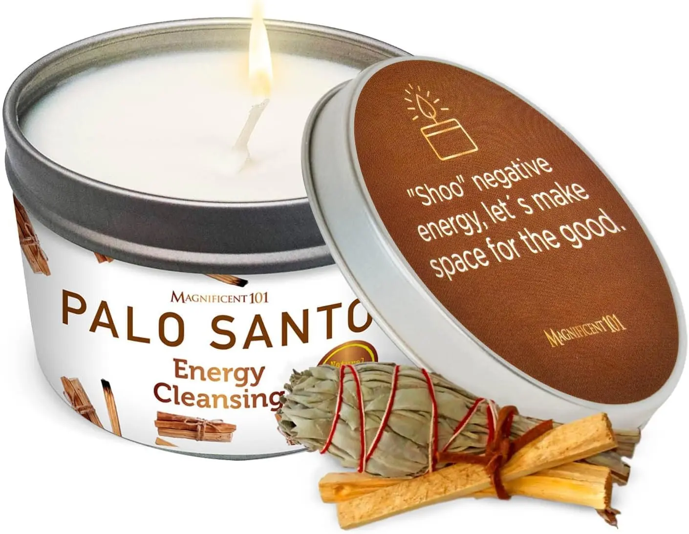 Palo Santo Smudge Candle for Home Energy Cleansing and Aromatherapy – 6 oz Natural Soy Wax Tin – 24-Hour Burn Time - Banishes Negative Energy, Chakra Healing, and Manifestation Fragrance Scent