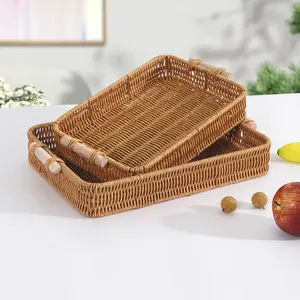 Rattan-like Fruit Basket - Hand-Woven Rectangular Storage Tray for Living Room & Tea Room - Heat-Resistant & Durable - S & L Sizes Available - Factory Direct Supply Organiser 2Pc Brown(S:33.5*20*5.5Cm+L:39*25*6Cm)