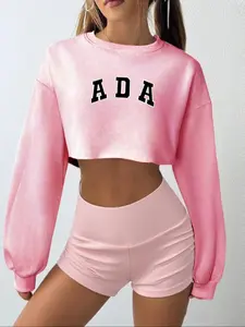 Teen Girls Preppy Style Slim-Fit Long Sleeve Round Neck Top & Shorts Set, All-Season School Uniform for Daily Wear