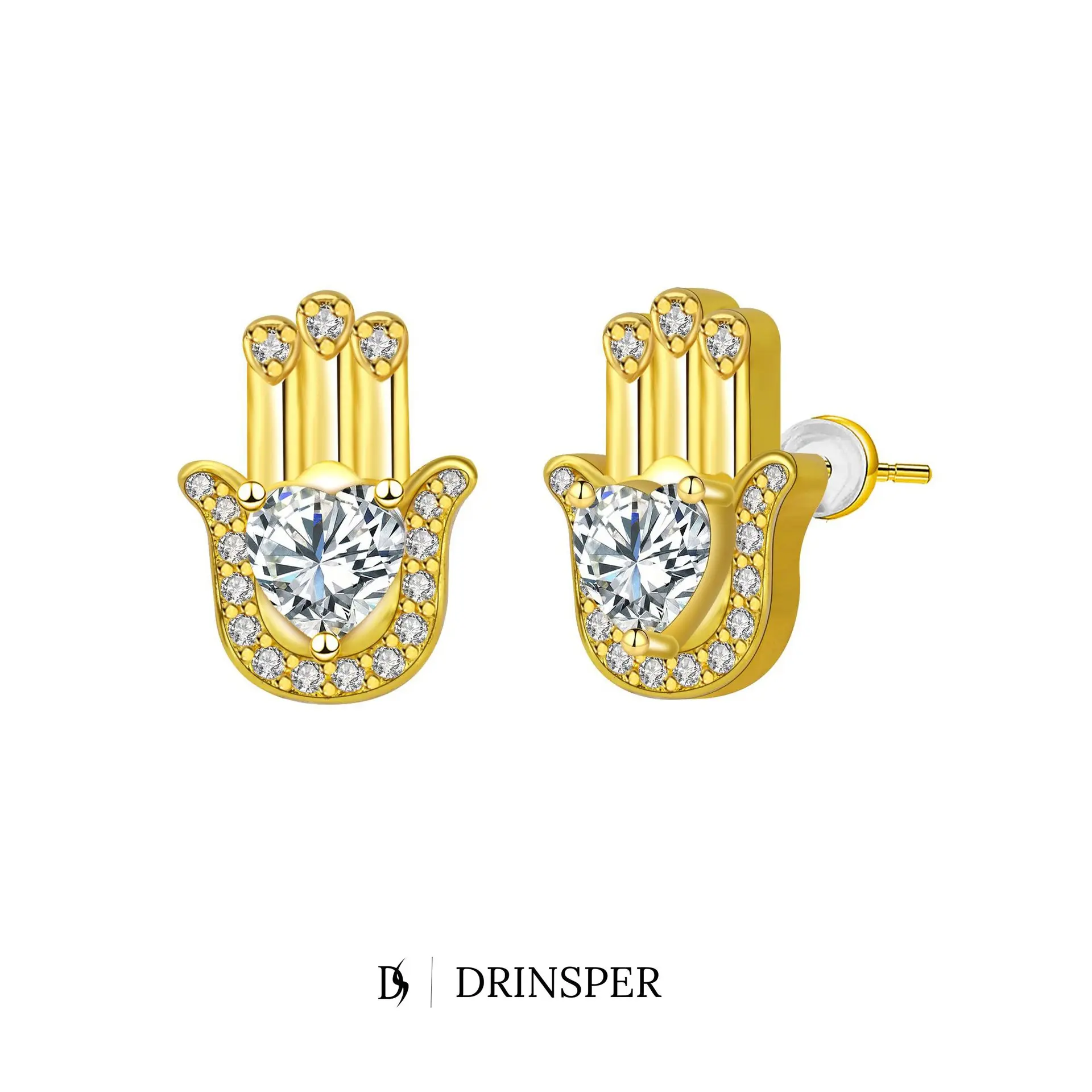 DRINSPER Hamsa Hand Earrings for Women with Heart Cubic Zirconia Accent, Copper Stud Earrings with Spiritual Inspired Design, Fatima Hand Symbol Jewelry Gift for Women, Protective Symbol Earrings for Daily Wear and Special Occasions