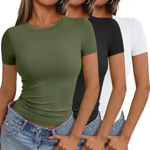 Womens 3 Piece Short Sleeve Shirts Basic Going Out Slim Fitted Crop Tops 2026 Summer Y2k Spring Clothes