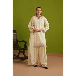 Twilight All Seasons Ready To Wear Kurta with Farshi Shalwar & Embroidered Silk Dupatta in Skin Color Viscose Fabric
