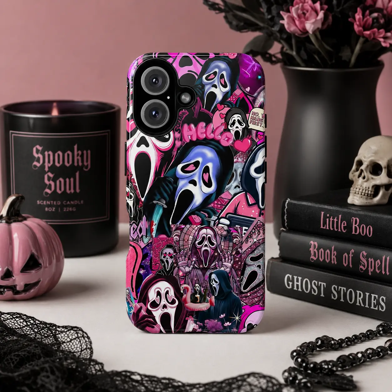 Cute Pink Ghost Horror Phone Case, Pastel Halloween Sticker Collage Protective Cover, Spooky Kawaii Ghost Graphic Case, Cute Halloween Gift
