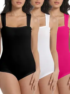 Strappy Square Neck Bodysuits for Women 3 Counts - Ribbed Seamless Tummy Control Tanks