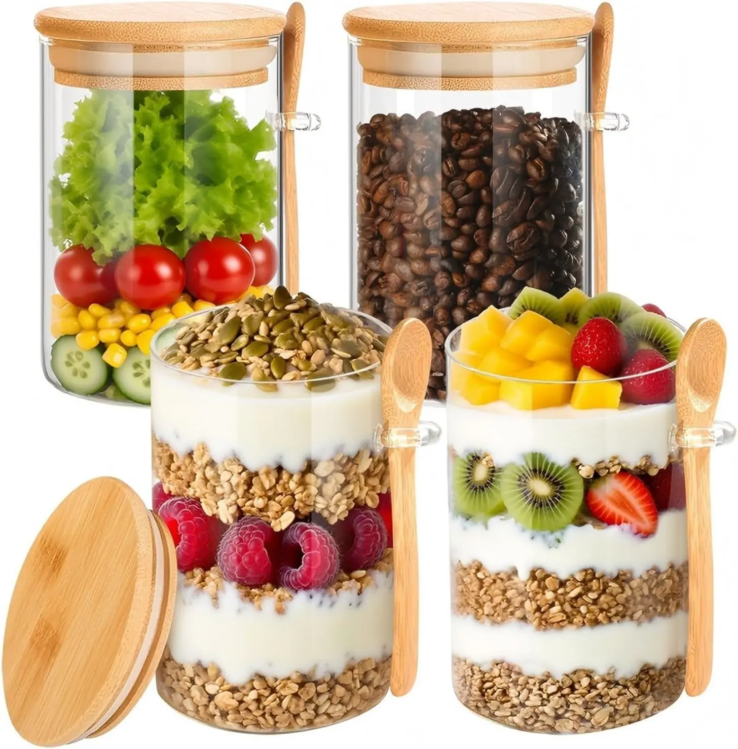 Kitchen Reusable Portable Airtight Overnight Oats Containers Set - 4-Pack 16 oz Thick Transparent Leak-Proof Glass Jars with Lids and Spoons, Ideal for Meal Prep, Cereal