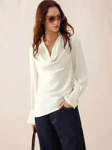 Cider Satin Cowl Neck Asymmetrical Hem Long Sleeve Blouse