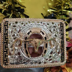 Longhorn Western Silver Rose Gold & Black Enamel Buckle 4.5x3.0" Rodeo Cowboy Design for Upto 2" Belts, High Quality Zinc Alloy
