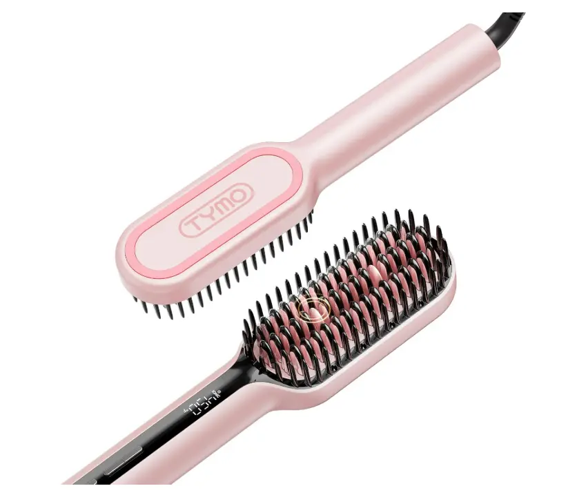 TYMO Hair Straightener Brush, Upgraded Ionic Compact Straightening Brush for Women with Wave-Design Bristles, Fast, Smooth Styling, Lightweight Hot Comb & Travel Flat Iron, 1 Billion Ions, Pink