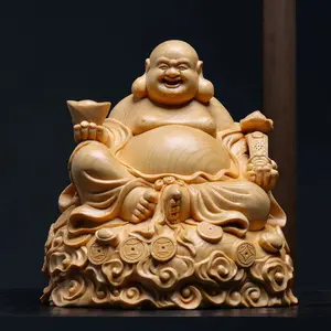 Holy Wooden Cave Wood Carving Ingot Maitreya Buddha Smiling Buddha Statue Latest Spiritual Home Decoration Handcrafted Art