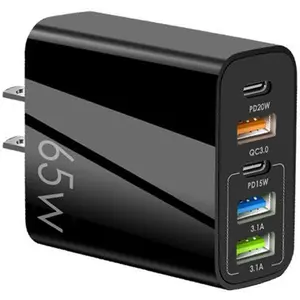 65W Fast Wall Charger 5-Port (3 USB-A + 2 USB-C) Multi Device Charging Block PD Quick Charge Adapter for iPhone, Samsung, Tablet