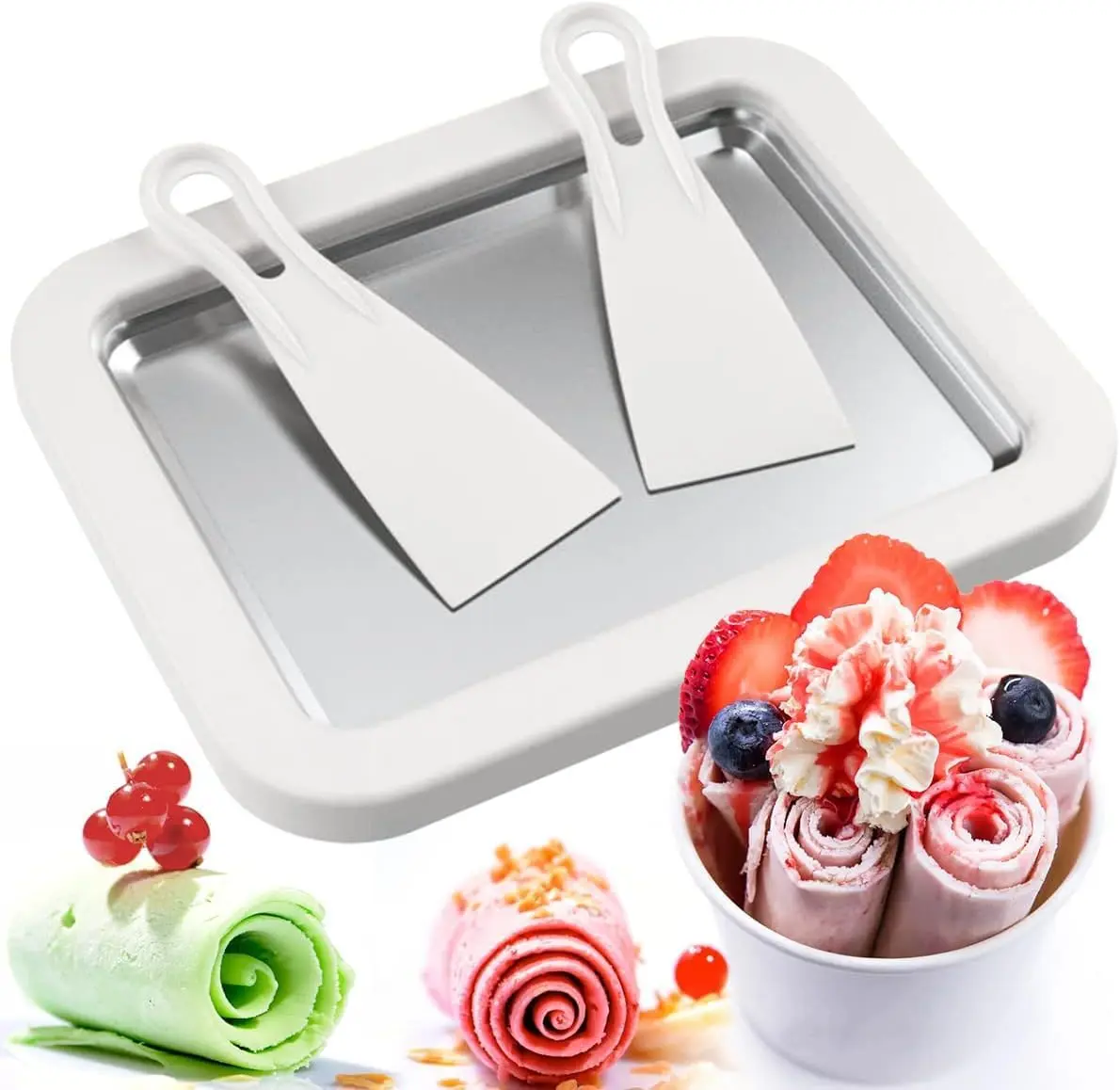 YEEWHALE 2-in-1 Portable Rolled Ice Cream Maker for Home Kitchen - Gadget Kit with 2 Scrapers, Instant Ice Plate, Mini Tray, Board - Makes Kid-Fun DIY Treats, Frozen Yogurt, Gelato for Family Roll Parties, Quick Wipe Clean