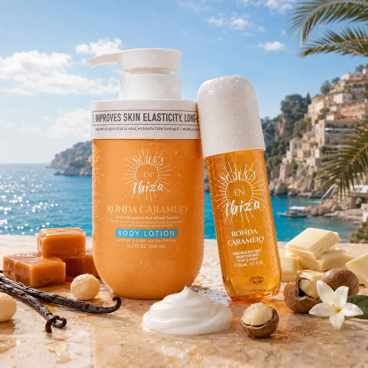 SOLO EN IBIZA Ronda Caramelo Smoothing Body Care Duo - 6.1 fl oz (180ml) Fragrance Mist, 16.9 fl oz (500ml) Body Lotion Moisturizer, Warm Gourmand Aroma, Cozy Sweet Energy, Dessert for Your Skin, Moisturizers, Body Care Moisturizer