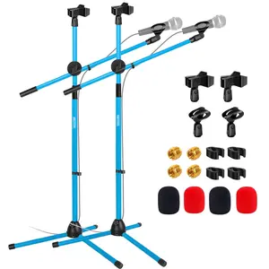 5 Core Dual Microphone Stand 2 Pack, Adjustable Tripod Floor Stand with Boom Arm, Sky Blue