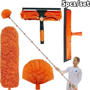 5pcs/set 6m High Reach Dusting Kit - Microfiber Duster Reusable & Washable Lightweight Ceiling Fan Nets, Blinds | Window Washer & Squeegee, Cobweb Duster, Fan Blade and Feather Dusters,20+ Feet High Reach Duster Kit with 3-14 ft Extension Pole