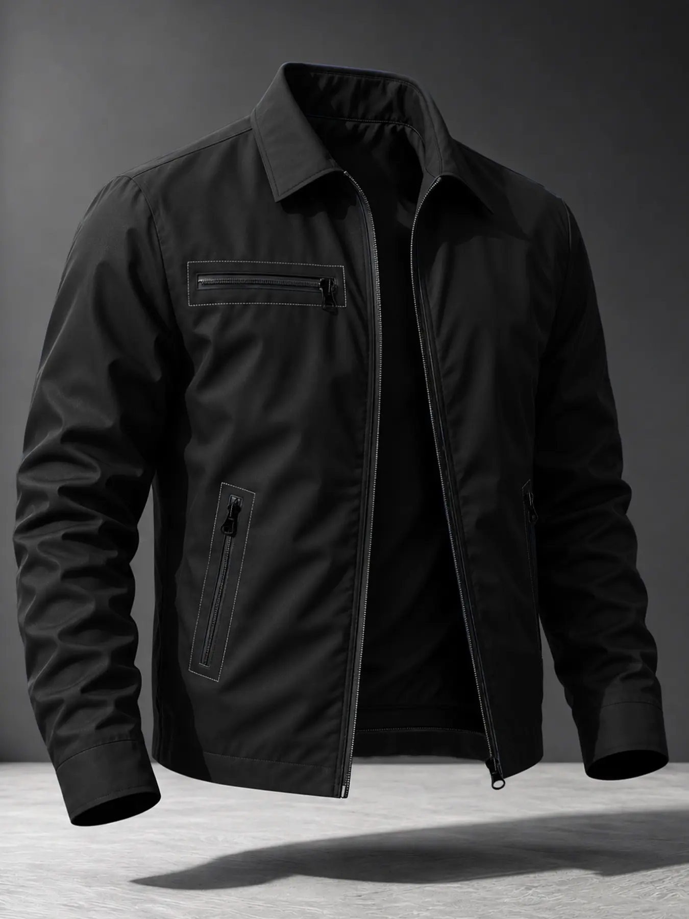 Men's Windproof Zipper Lapel Jacket Coats, Lightweight Casual Long Sleeve Outdoor Jacket, Multi-Pocket Design, All-Season Outerwear for Daily Wear, Casual Fitted Jackets
