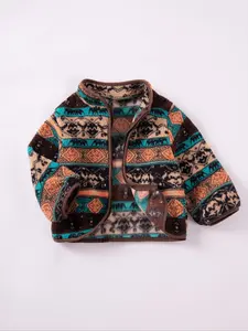 Boy's Ethnic Pattern Zip Up Hooded Jacket & Fleece Lined Vest Coat Set, Casual Long Sleeve Outerwear & Sleeveless Outerwear, Kids Fall & Winter Clothes, Striped Print Coat, Casual Zipper Coat