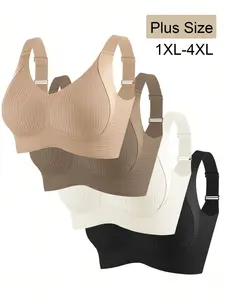 Plus Size Women's Full Coverage Adjustable Fit Everyday Bra Set, Anti-Sagging, Seamless Side Support, Suitable for Large Busts, 4 Piece Pack