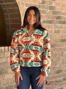 ROCK AND ROLL WOMEN CREAM AZTEC PRINT SHERPA PULLOVER BW91C04476