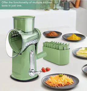 SUSTEAS Rotary Cheese Grater with Handle, Vegetable Food Shredder with 5 Well-designed Blades & Strong Suction Base, Round Mandoline Slicer & Fruit Slicer for Kitchen