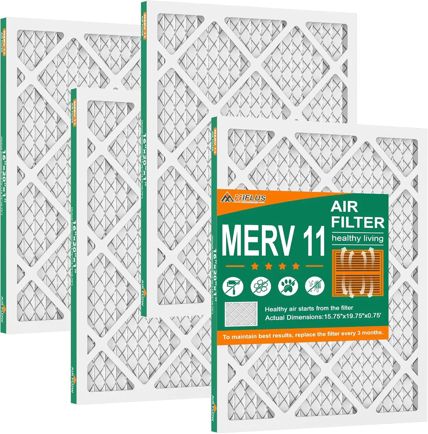 M11 16x20x1 Air Filter, 4 Pack Furnace & HVAC Replacement Filter for Residential Use, Traps Dust/Pollen/Pet Dander, 2x Surface Area, Low Airflow Resistance, Eco-Friendly with Recycled Materials, Long-Lasting