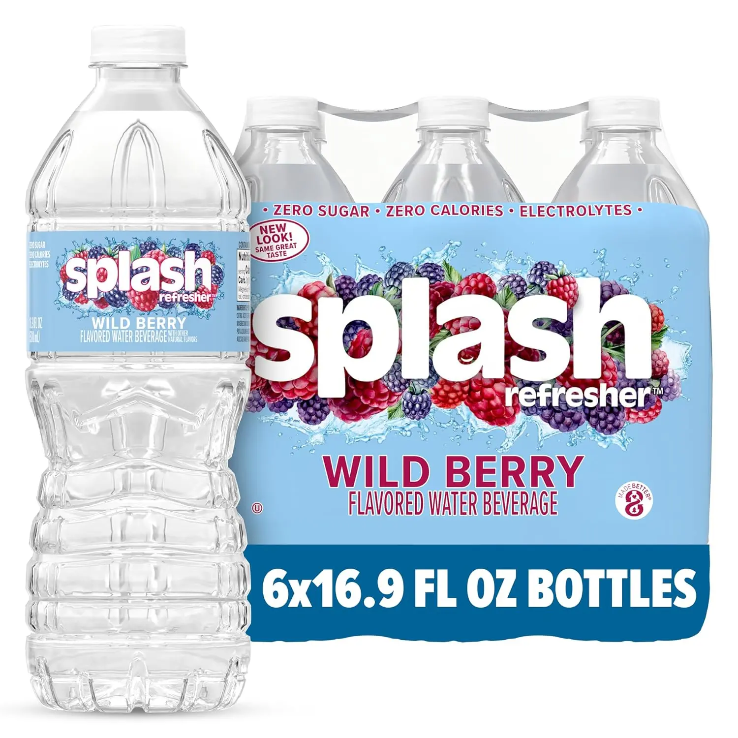 SPLASH REFRESHER Flavored Water Bottles, Wild Berry Flavor - 6-Pack, 16.9 Fl Oz - Refreshing Flavored Bottled Water with Electrolytes - Zero Sugar & Zero Calories