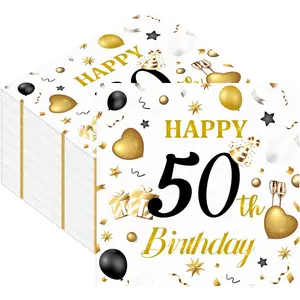 50pcs 50th Birthday Paper Napkins, White and Gold Happy Birthday Napkins Disposable Luncheon Cocktail Party Paper Beverage Napkin for Anniversary Birthday's Party Decorations, 13 x 13 Inches
