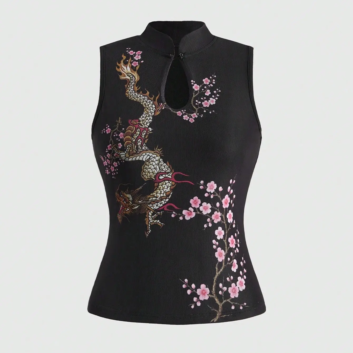 Women's Elegant Chinese Style Qipao Collar Sleeveless Halter Crop Tank Top - Tiger Dragon Plum Blossom Calligraphy Print, Keyhole Neck, Slim Retro Oriental Y2K Bodycon Top Womenswear Fashion Love Traditional Womenswear