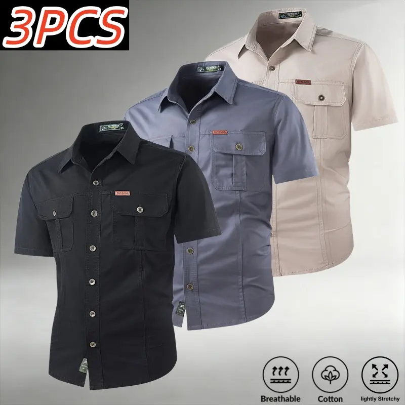 Men's 3-Pack Pure Cotton Short-Sleeve Work Shirts - Breathable, Skin-Friendly, Slight Stretch, Loose Fit, Turn-Down Collar - for Commuting, Hiking, Outdoor Wear - Sohochic