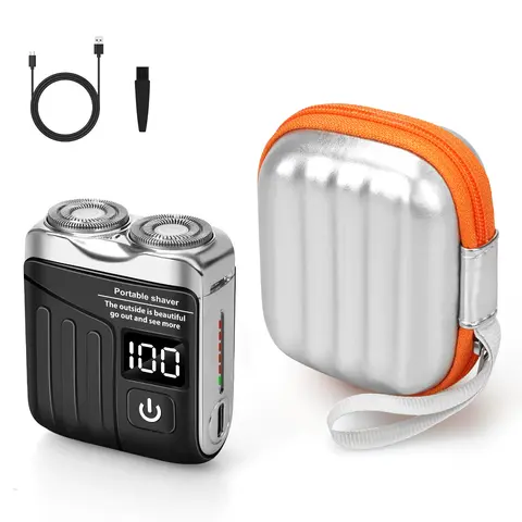 Men's Portable Rotary Electric Shaver - Waterproof Hygienic, Wet Dry, Showerproof Cordless Shaver, USB-C Rechargeable, Lightweight Clean Shave Kit for Home & Travel (Orange, Black, Blue)