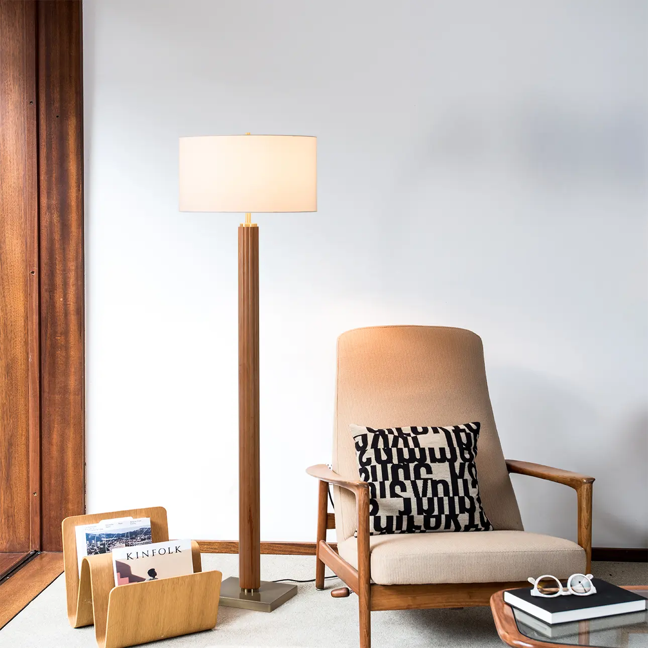 Tambo Floor Lamp - Natural Ash Wood Finish, Weathered Brass, White Linen Shade, Dimmer