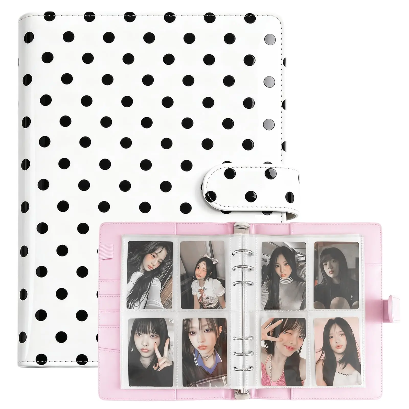 A5 Kpop Polka Dot Photocard Collector Album, PULeather 6-Ring Binder with 30 4-Pocket Pages,240 Card Slots, Magnetic Buckle Closure for Trading Card Organization