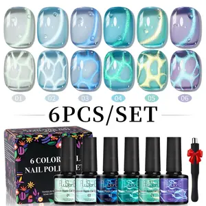 AWStorG 6Pcs Ocean Ripple Cat Eye Gel Nail Polish+ Magnet Set, Blue Green Cat Eye, Transparent Texture, Semi-Permanent, Nail Manicure, Suitable for UV/LED Nail Art