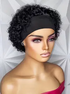 Headband Human Hair Wigs for Women Pixie Cut Headband Wigs Short Curly Human Hair
