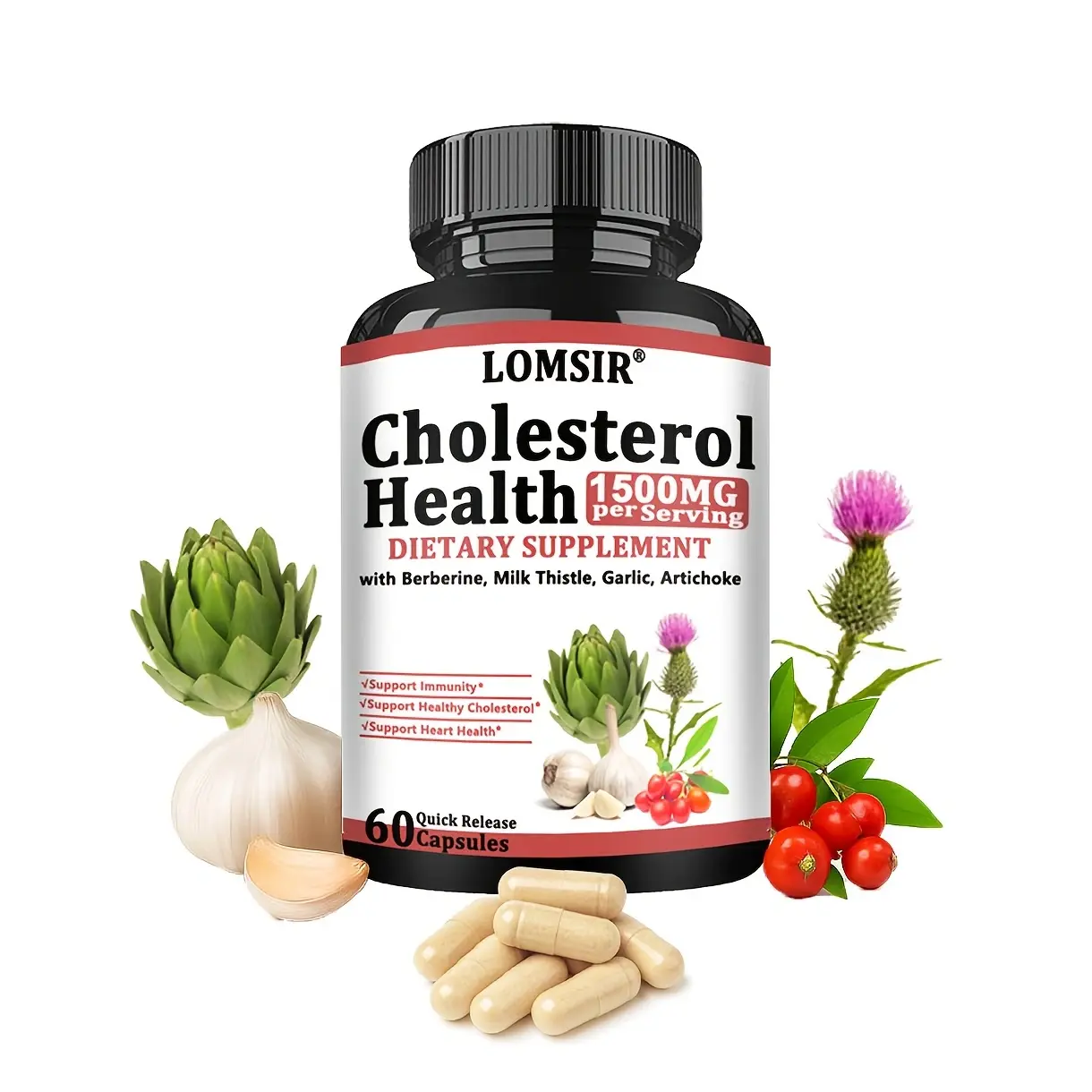 Cholesterol Health - with Berberine, Milk Thistle, Garlic, Artichoke to Support Healthy Cholesterol Levels and Natural Heart Health - 60 Capsules