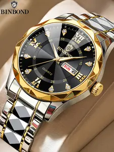 BINBOND Top Brand Luxury Man Wristwatch Waterproof Luminous Date Week Men Watches Stainless Steel Quartz Men's Watch，Men's Casual Business Round Dial Quartz Watch,Fashion Watch for Party,Daily Clothing Decor,Trendy All-match & Watch for Gift with Box