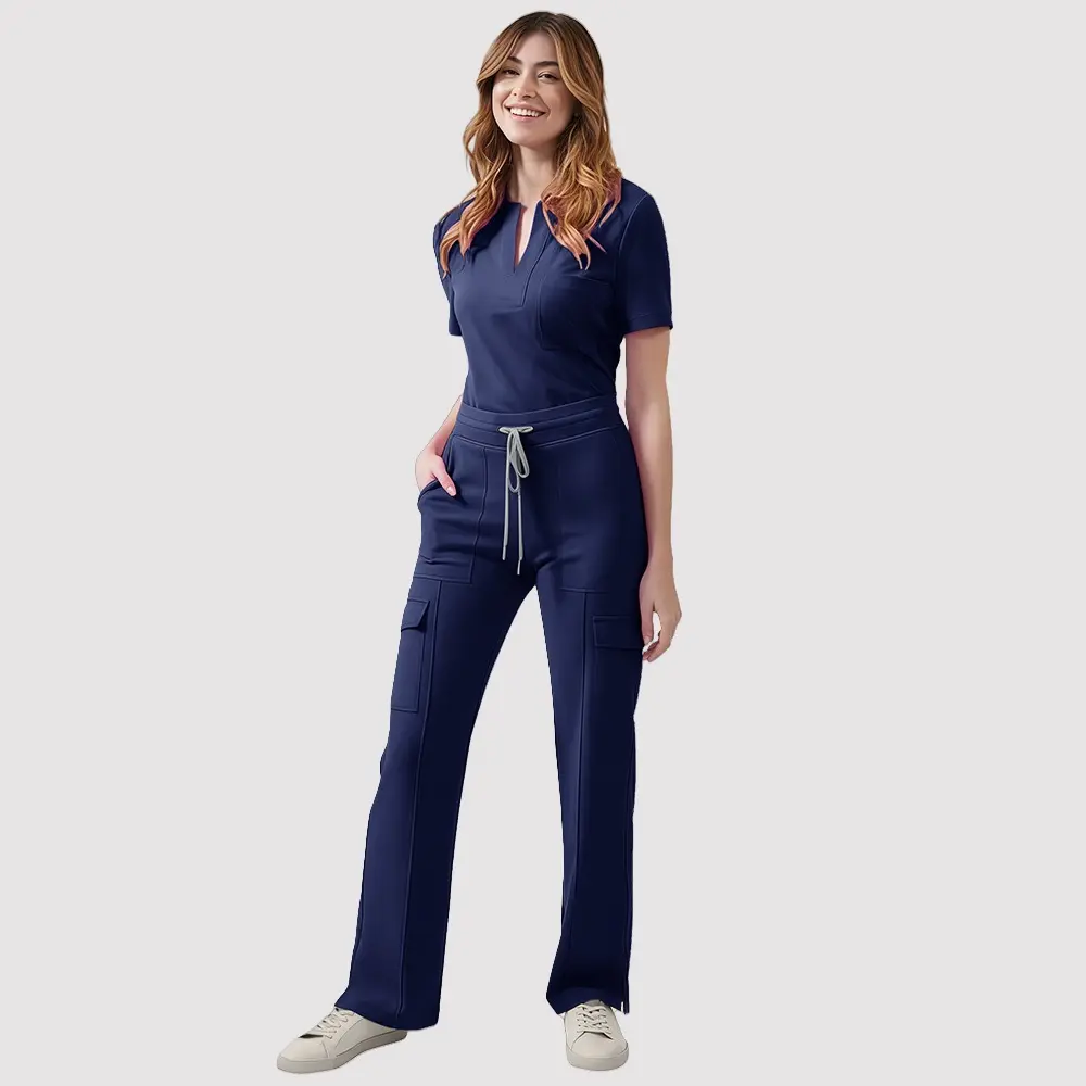 Women's 2-Piece High-Stretch Polyester-Spandex Nurse Scrubs Uniforms, Split V-Neck Top & Multi-Cargo-Pocket Pull-On Drawstring Pants, Vibrant Solid Color Medical Workwear for Hospital, Pharmacy