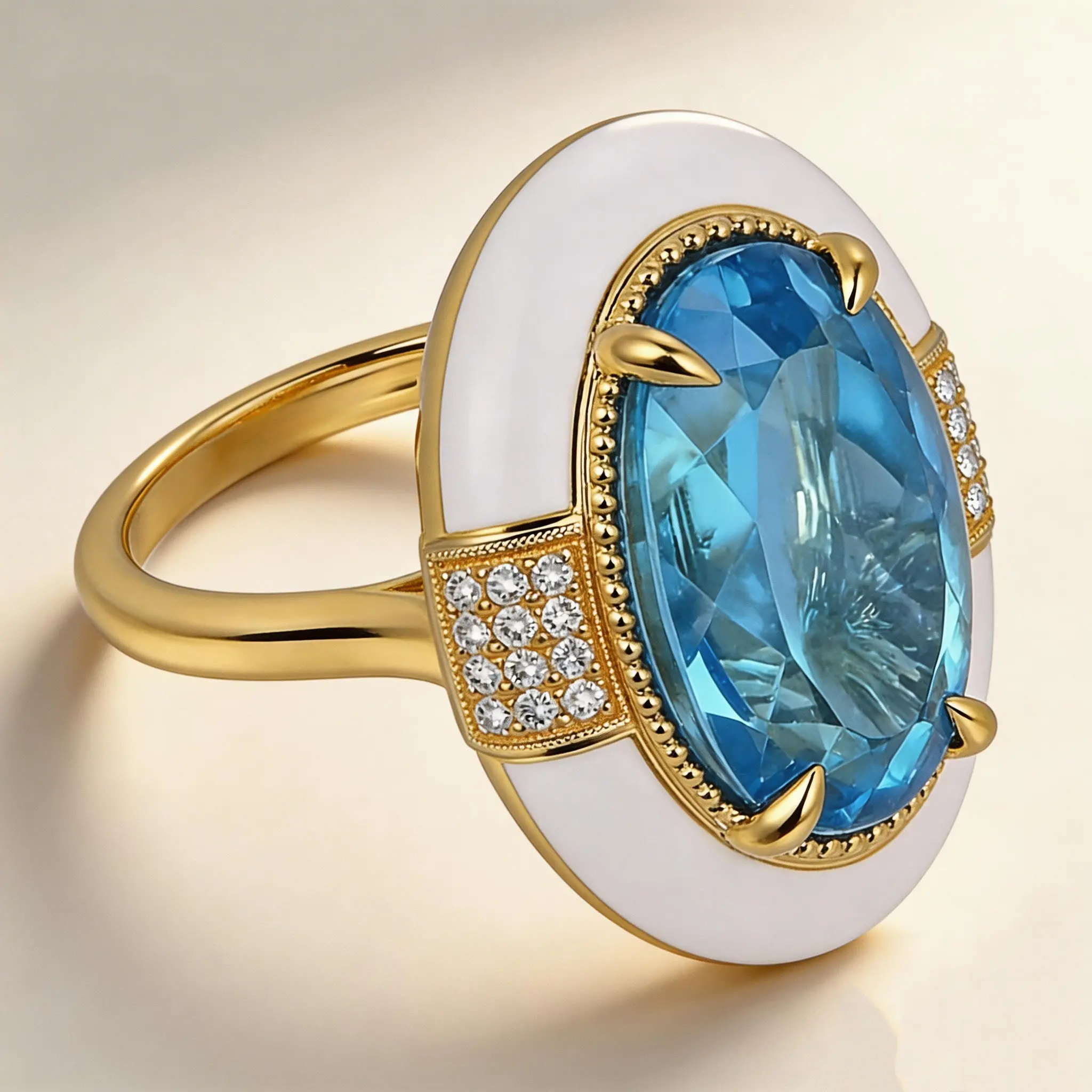 Vintage Ring Classic Cocktail Ring with Blue Synthetic Zircon White Enamel Four-Prong Setting Polished Finish Handcrafted Aesthetic Jewelry Eye-Catching Design Versatile Accessory Luxury Look