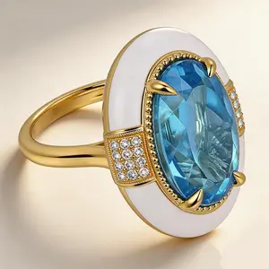 Vintage Ring Classic Cocktail Ring with Blue Synthetic Zircon White Enamel Four-Prong Setting Polished Finish Handcrafted Aesthetic Jewelry Eye-Catching Design Versatile Accessory Luxury Look