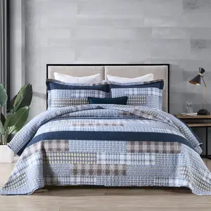Quilt  Size,  Quilt Set,    Quilt Bedding Set Bedspreads, Farmhouse Reversible Patchwork Lightweight Plaid Quilts Bedspread for  Season, Blue, 3 count
