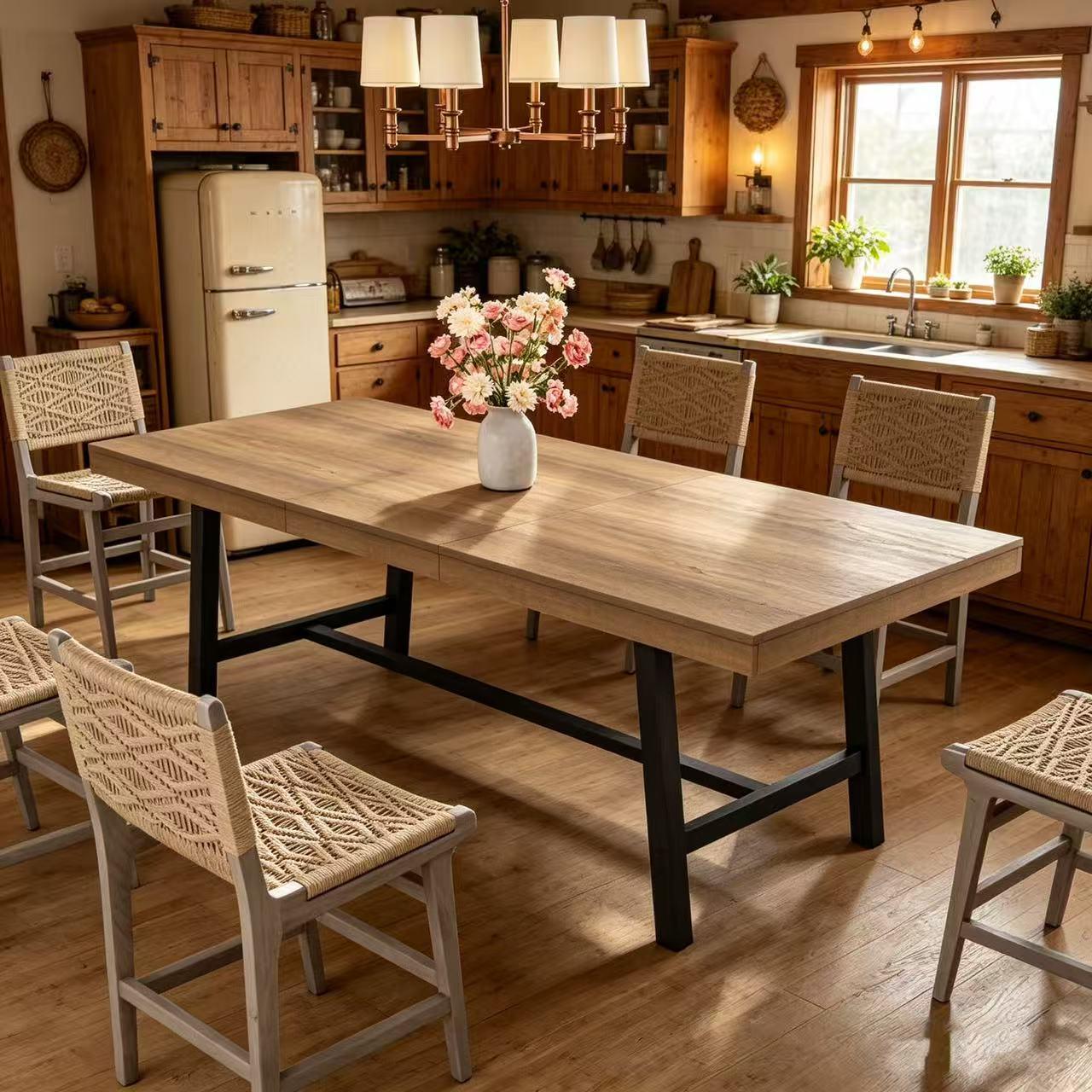 LH-63-83" Extendable Dining Table, Industrial Rectangular Dining Room Table for 6-8 People, Minimalist Indoor Table Chair Set Modern Style Durable Easy Clean Furniture for Kitchen Living Room Bedroom Small Space