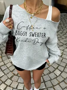 Women's New Patchwork Asymmetrical Neckline Sweatshirt, Special Cut Autumn Top, Elegant and Sexy, Casual Fashion Graphic Letter Print