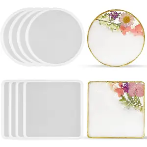 8 Pack Coaster Resin Molds Silicone, Coaster Molds with Round Square Shape Holder Molds for Epoxy Resin, DIY Art Craft Cup Mats,Car Interior Accessories Set Tableware Thick Tray