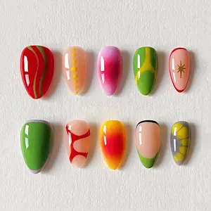 Colorful Graffiti Press On Nails, Green Red Abstract Nails, Multi Color Aesthetic Nails, Handmade Gel Nails, Reusable Full Cover Nail Set