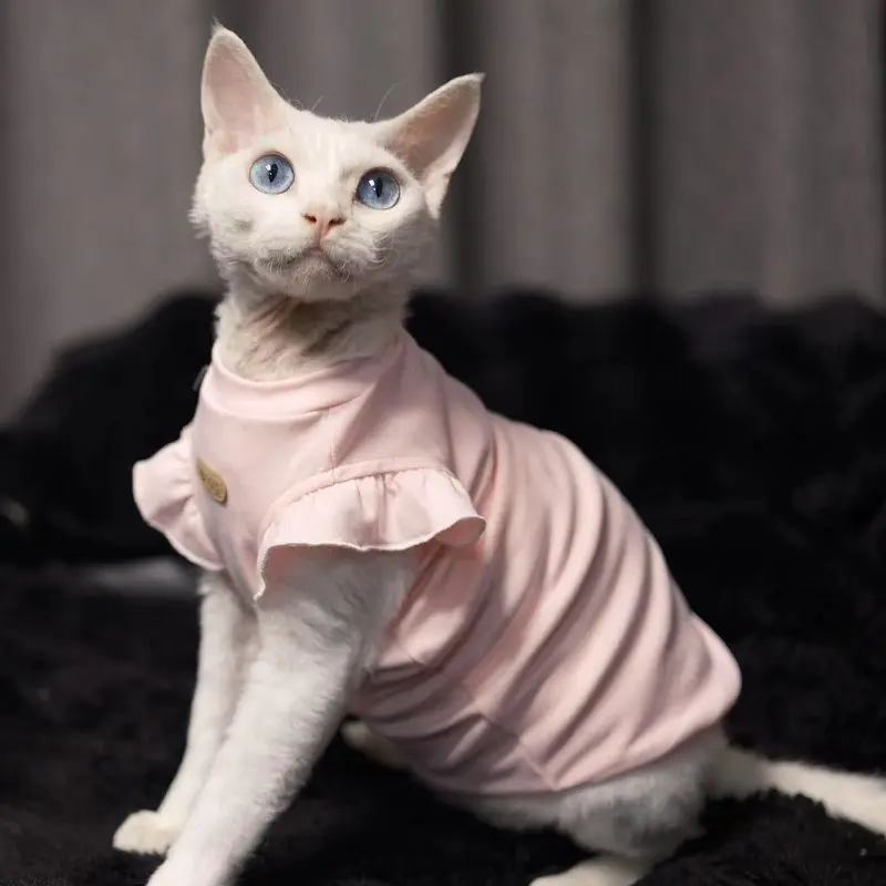 Sphynx Hairless Cat Sleeveless Vest - Spring Summer Breathable Fabrics, Cute Princess Style, Hair Shed Control, Multi-Size Pet Apparel