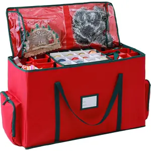 2-In-1 Christmas Decoration Ornament Organizer Box Movable Pallet Santa Bags Ornament Storage Containers Holds 73 Holiday Ornaments Adjustable Space For Figurines With Pockets For Decoration